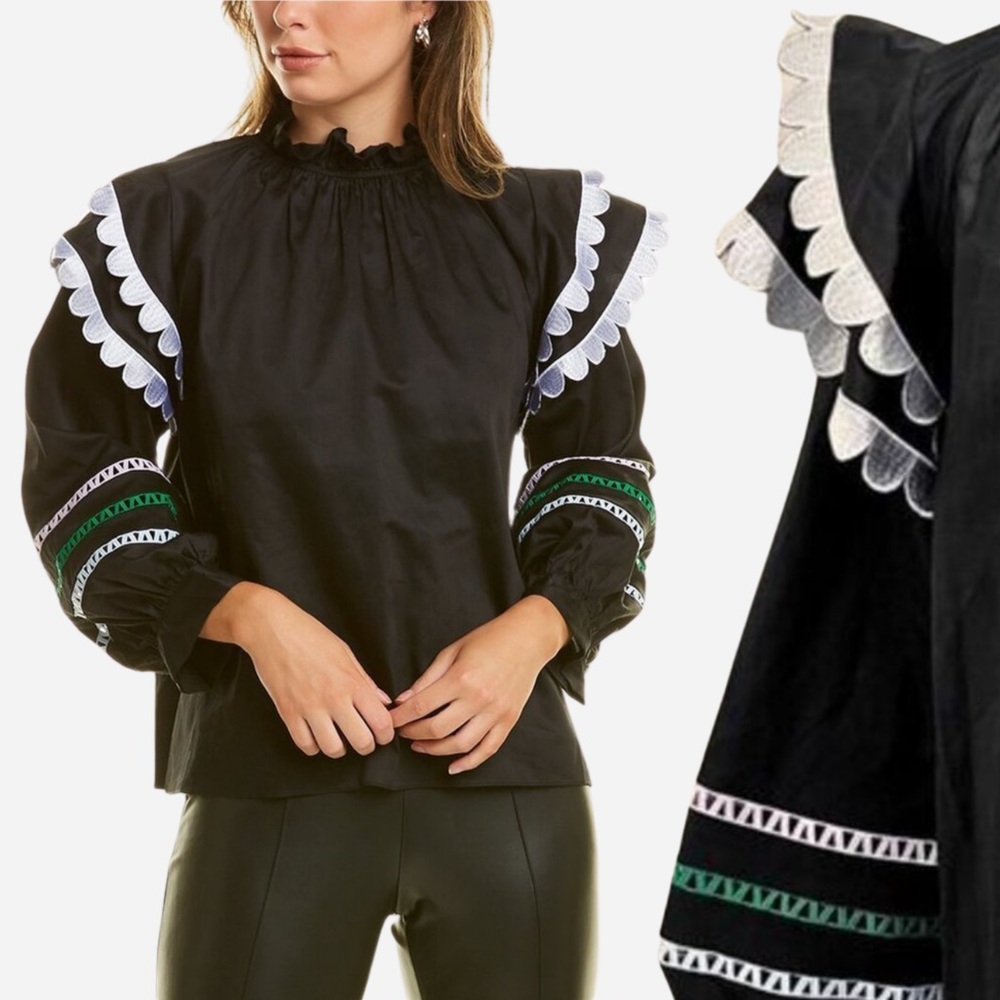 Cynthia Rowley Blouse Elia Scalloped Embroidered Top Black M Nwt